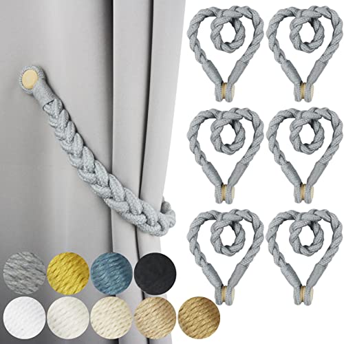 6 Pack Grey Magnetic Soft Curtain Tiebacks Cotton Hand-Woven Tieback Holdback Home Decorative Tie Backs with Wooden Buckle for Home Office Decor Grey