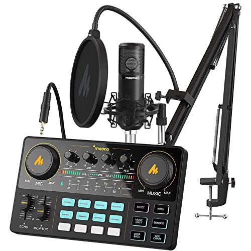 MAONO Podcast Equipment Bundle Audio mixer All-in-One Podcast Production Studio with 3.5mm Microphone for Live Streaming, Podcast Recording, PC, Smart