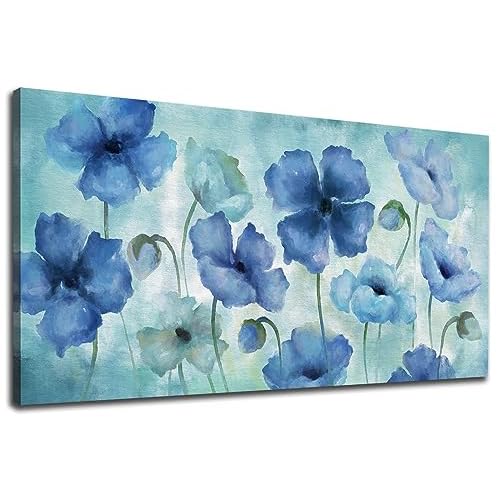 NINEASO Blue Abstract Flowers Wall Art - Elegant Floral Pictures Wall Decor Indigo Blue Green Blossom Canvas Painting Artwork Abstract Flowers Nature