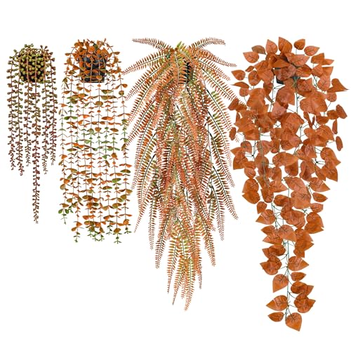 Der Rose 4Pcs Fake Fall Plants Hanging Orange Artificial Eucalyptus Plants, Boston Fern, Fake Potho, String of Pearls for Halloween Bathroom Table Cen