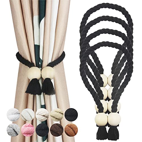 4 Pack Black Magnetic Curtain Tiebacks Cotton Hand Woven Tieback Holdback Decorative Tie Backs for Drapes with Wooden Buckle No Tools Required Black 4