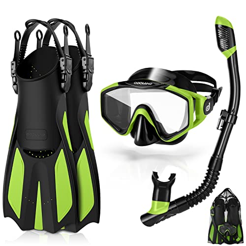Odoland 4 in 1 Snorkel Set Adult, Snorkeling Packages with Dry Top Diving Mask, Adjustable Swim Fins, Mesh Bag, Anti-Fog Anti-Leak Snorkeling Gear for