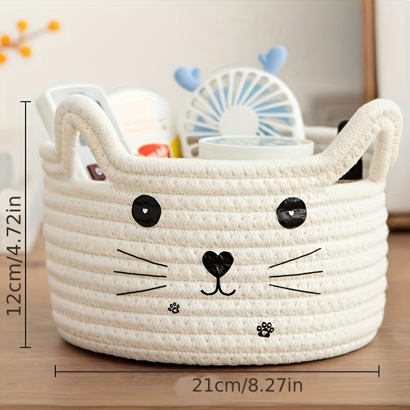 TEMU Cat Face Storage Basket - Woven, Space-saving Organizer For Dorm, Bedroom & Office - Desktop Sorter For Use, Shelf Baskets