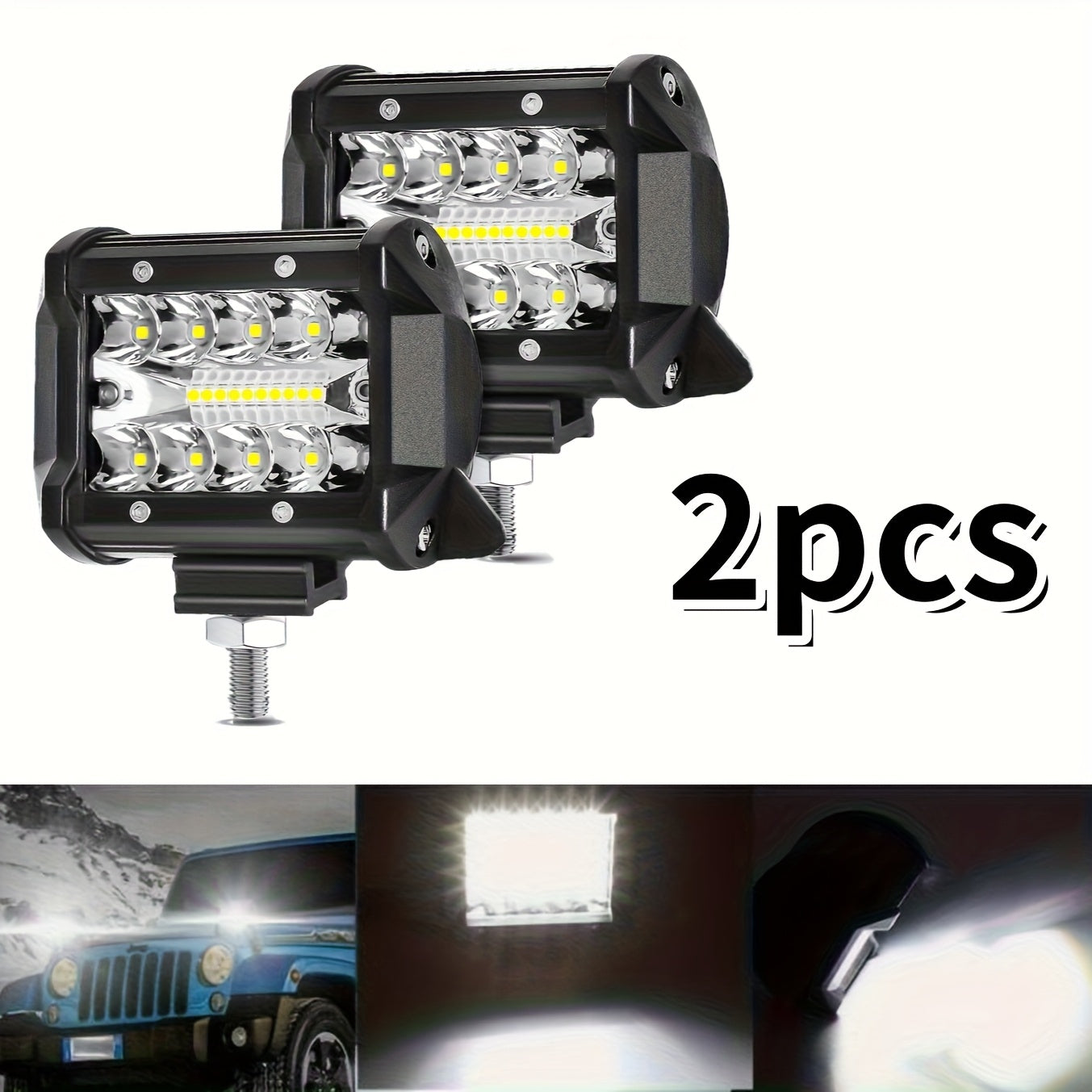 TEMU 1-2-4pcs 4.3-14.6-21.3-inch Automotive Led Work Lights, Two-color Three- Mirror Led Lights, Yellow Clover Led Lights, 228w Led Lights External