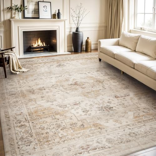 AMOAMI-Area Rug 5X7 Rugs for Living Room-Vintage Soft Beige Rugs for Bedroom-Non Slip Carpet-Machine Washable Rug for Dining Room Living Room Bedroom