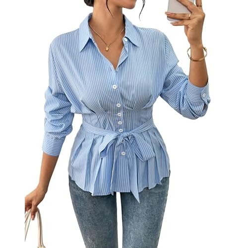 Bsubseach Women Blouses Striped Long Sleeve Button Down Shirts V Neck Collared Boho Tops 2025 Casual Business Work Outfits Sky Blue Medium
