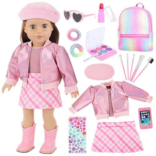 Ecore Fun 17 Pcs American 18 Inch Doll Accessories Cosmetic Set with Backpack & Outfits | Pretend Play Makeup Kit for 18" Dolls | Includes Lipstick, E
