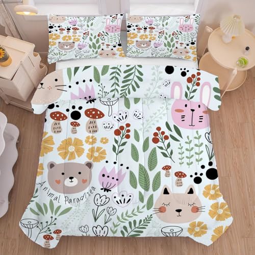 Cartoon Cat Comforter Set Queen Size Floral Bedding for Teen Girls Boys Women Green Animals Print Bedroom Quilt 1 Comforter + 2 Pillow Cases Lb01-22 Q