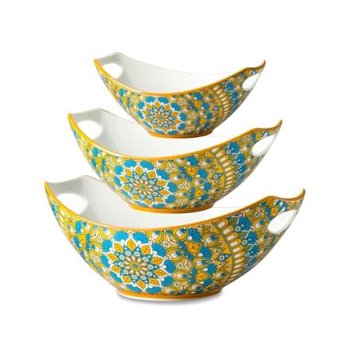 LAUCHUH Serving Dishes for Entertaining, Porcelain Serving Bowls with Handles Bohemian Salad Bowls Set Nesting Bowls for Kitchen, Thanksgiving, Christ