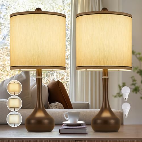 23" Brown Farmhouse Bedside Lamps Set of 2, Modern Metal Table Lamp for Living Room, 3 Color Temperature Rustic Table Lamps for Bedroom, NightStands,
