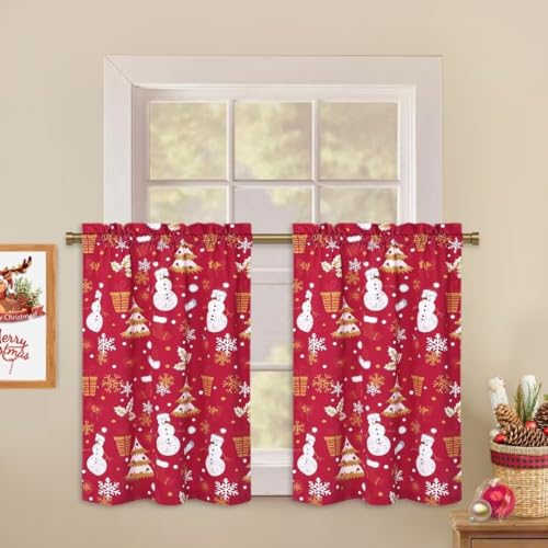 Garvee Christmas Kitchen Curtains 2 Pcs Velvet Fabric Short Curtains Cut Snowman Rod Pocket Design Cafe Curtains Falling Snowflake Print Decor for Hom
