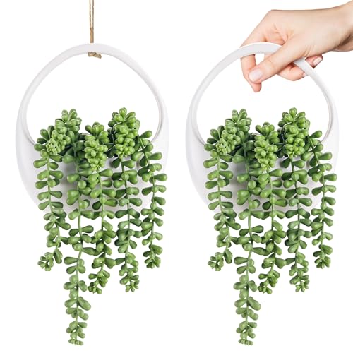 Der Rose 2 Packs Fake Hanging Plants Succulents with Strings Artificial Plants Indoor Outdoor for Boho Wall Decor White
