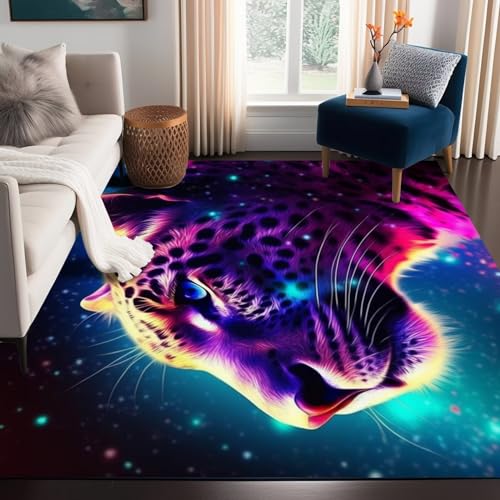 5' X 7' Galaxy Leopard Rug Fierce Panther Head Area Rugs for Boys Kids Bedroom Living Room Gameroom Girls Glitter Carpet Floor Mat Throw Rugs Galaxy 7