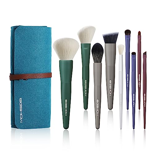 EIGSHOW 9 Pcs Makeup Brush Set, Travle Makeup Brushes Premium Synthetic Foundation Powder Concealers Eye Shadows Makeup Brush Set, 5 Colors with Pouch
