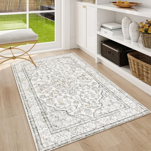 Lahome Oriental Washable Rugs 3x5, Rug for Entryway Indoor Non-Slip, Ultra-Thin Soft Boho Area Rug for Bedroom, Traditional Vintage Low-Pile Entry Thr