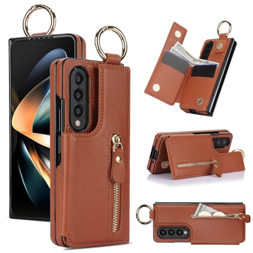 for Samsung Galaxy Z Fold 4 Wallet Case with Zipper and Credit Card Holder, Cash Slot, Premium Leather Magnetic Clasp Kickstand Heavy Duty Ring Protec