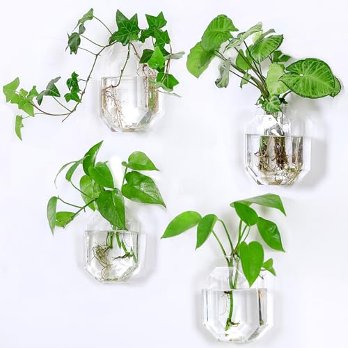 Kingbuy Octagon Wall-Mounted Propagation Vase - 4 Pack Clear Glass Planters for Hydroponic Plants & Flowers, Indoor Wall Plant Holder, Unique Home Dec