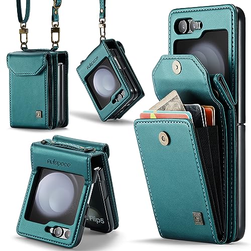 for Samsung Galaxy Z Flip 6 Accordion Crossbody Wallet Case, RFID Blocking Card Holder Slots Retro PU Leather Strap Wristlet with Magnetic Closure .Gr