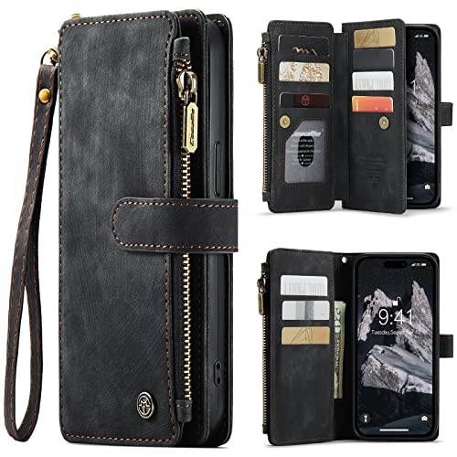 for iPhone 15 Pro Max Wallet Case with 10 Card Holder Slots Magnetic Zipper Pocket Pouch Flip KicStand Durable Premium Leather PU with Lanyard Strap W
