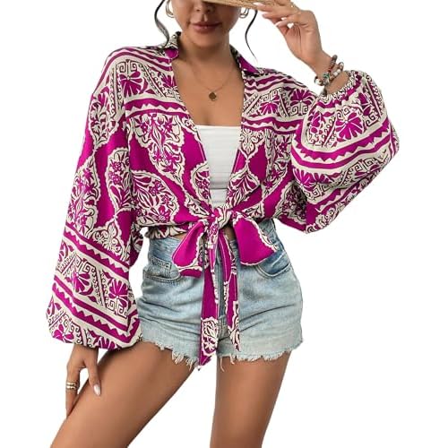 Eddoyee Women's Deep V Neck Tie Front Knot Wrap Tops Long Lantern Sleeve Casual Boho Blouses Loose Tunic Self-tie Shirts Rose Large