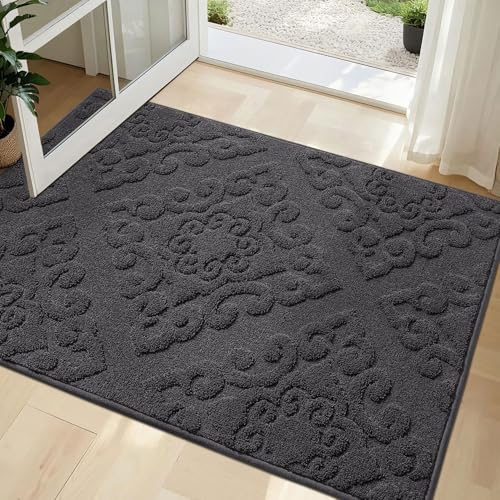 COSY HOMEER Nonslip Indoor Doormat with Baroque Relief Patterns, 80x120 cm Large Welcome Floor Mat Inside for Front Back Door Entrance, Dark Grey Dark