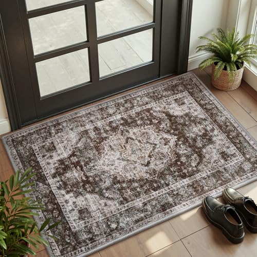 AMOAMI-2X3 Small Rug-Washable Rugs Entryway Mat Indoor-Soft Vintage Non Slip Rugs for Kitchen Laundry Room Bathroom Brick-Brown Decorative Accent Rug