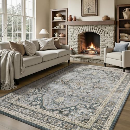 Grey Washable 5x7 Area Rugs for Living Room Rug Bedroom Rug Carpet Neutral Vintage Dining Room Rugs for Under Table Soft Comfortable Non Slip Grey 5'