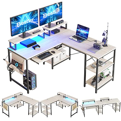 Bestier 95" L Shaped Office Desk with Led Light, Gaming Corner Desk or 2 Person Long Table with Shelves Monitor Stand and Keyboard Tray for Home Offic