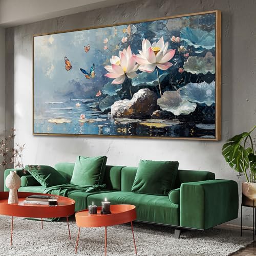 Ardemy Framed Extra Large Canvas Wall Art Lotus Flower Painting for Living Room Blue Landscape Zen Butterfly Nature Artwork Bedroom Kitchen Dining Roo