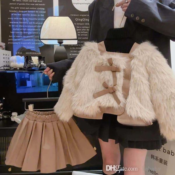 2024 Autumn Winter Kids Clothes Baby Girls Skirt Set Fashion Cute Two Piece Set Long Sleeve Bow Fur Coat And Pleated Skirts Childrens Clothi
