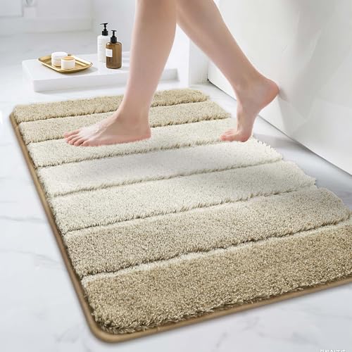 COSY HOMEER Bathroom Rugs 36"x24", Ultra Soft Absorbent Bath Mat with Non-Slip TPR Backing, Machine Washable Shaggy Rug for Bathroom Floor, Beige Beig