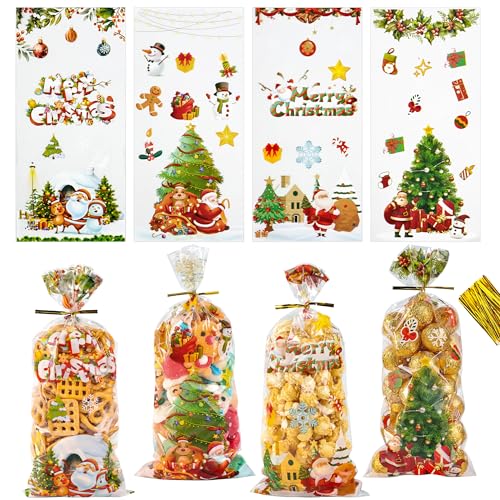 NPLUX 100 Pack Christmas Cellophane Bags Christmas Treat Bags With Ties Clear Cookie Bag Candy Bag For Party Favors Snack Popcorn（4.8x10.6inch）
