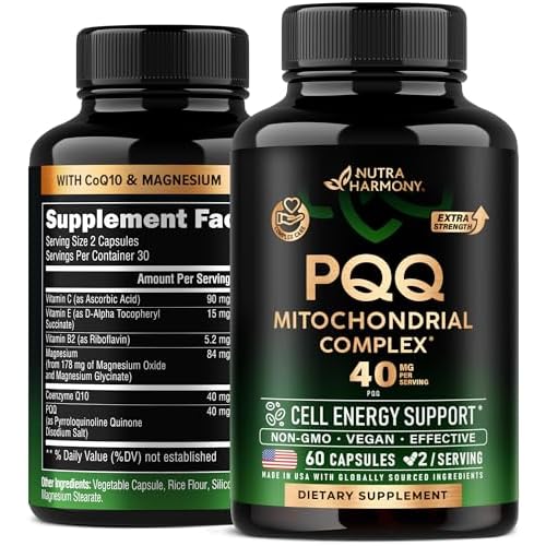 PQQ 40 mg - PQQ with CoQ10 Supplement - Mitochondria Biogenesis & Cellular Energy Production - with Magnesium, Vitamins C, E & B2 - Pure & Highly Bioa