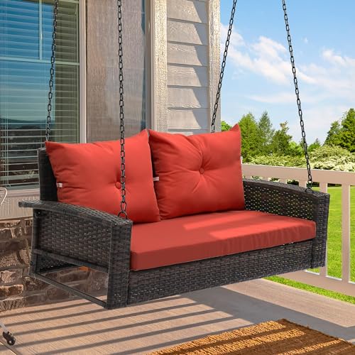 YITAHOME Wicker Hanging Porch Swing Chair Outdoor Brown Rattan Patio Swing Lounge w- 2 Back Cushions Capacity 530lbs for Garden, Balcony, Living Room,
