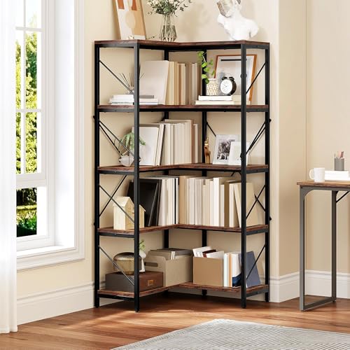 YITAHOME Corner Bookshelf, Industrial Corner Shelf 5 Tier Bookcase, Large Display Rack Storage for Bedroom, Living Room, Home Office,Rustic Brown Rust