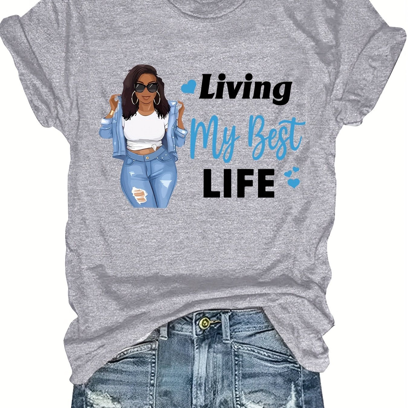 TEMU Plus Size Print T-shirt, Casual Crew Neck Short Sleeve T-shirt, Women's Plus Size clothing