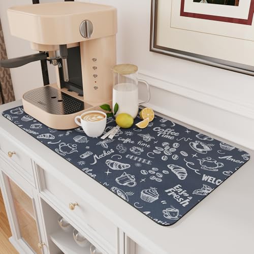 AMOAMI Coffee Mat Hide Stain Rubber Backed Absorbent Dish Drying Mat for Kitchen Counter - Fits Under Coffee Maker & Machine - Dust Blue (17X31.5) DUS