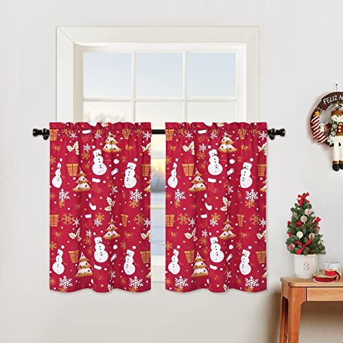 Garvee 24 Inch Length Xmas Cafe Curtains Rod Pocket Design Velvet Kitchen Curtains Snowman and Falling Snowflake Short Curtains for Bedroom Bathroom L