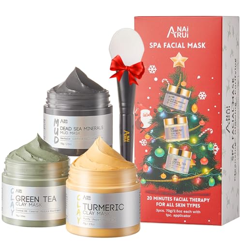 ANAI RUI Christmas Face Mask Gift Set, Turmeric Clay Mask - Green Tea Clay Mask - Dead Sea Minerals Mud Mask, Spa Facial Mask Set, Face Mask Gift Set