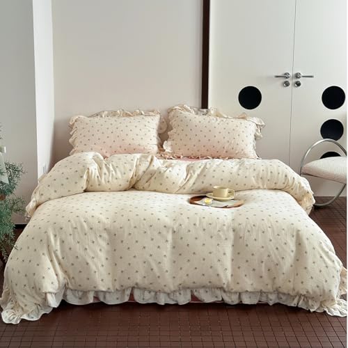 BuLuTu Cotton Muslin Duvet Cover Twin, Chic Shabby Comforter Cover with Ruffles, Kids Toddler Twin Bedding Floral Quilt Covers 68"x86", Zipper Closure