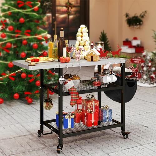 YITAHOME Outdoor Grill Cart with Satinless Steel Tabletop and Wheels, 47.2'' x 19.7'' Outdoor Pizza Oven Cart with Foldable Side Table, Storage Cart B