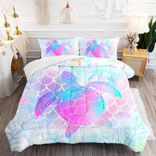 Turtle Comforter Set Twin Size, Mermaid Bedding Set for Girls Kids Teens Women Cute Ocean Purple Quilt Bedroom Decor 1 Comforter 1 Pillowcase Mermaid