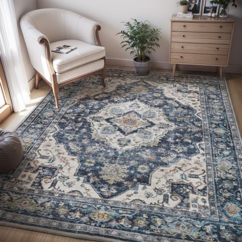 AMOAMI-4X6 Area Rugs for Living Room -Soft Vintage Bedroom Rugs-Non Slip Washable Rug-Throw for Living Room Bedroom Bedside Dining Room Office Blue Bl