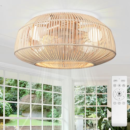 Boho Caged Ceiling Fan with Lights & Remote Control Kit, 20" Flush Mount Rattan Fandelier, Enclosed-Low Profile-6-speed-Quiet DC Motor Fan Chandelier