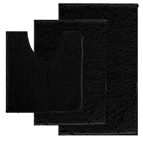 Run Helix Black Bathroom Rug Set Extra Soft Bath Rugs for Bathroom 3 Piece Bathrom Set Anti-Slip Bath Mats Soft Plush Chenille Shaggy Mat Living Room