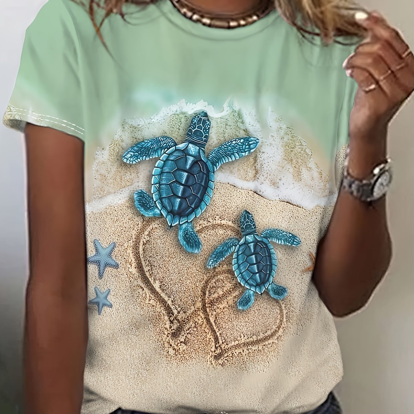 TEMU Women's Casual Beach Short Sleeve T-shirt - Sea Turtle & Heart Graphic Print, Light Mint Green, Breathable Summer Top, Machine Washable,