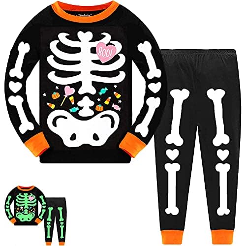 Tkria Kids Pajamas for Boys Skeleton Glow-in-The-Dark Cotton Sleepwear Toddler Clothes Halloween Outfit Size 1-7T… 3T Skeleton Candy