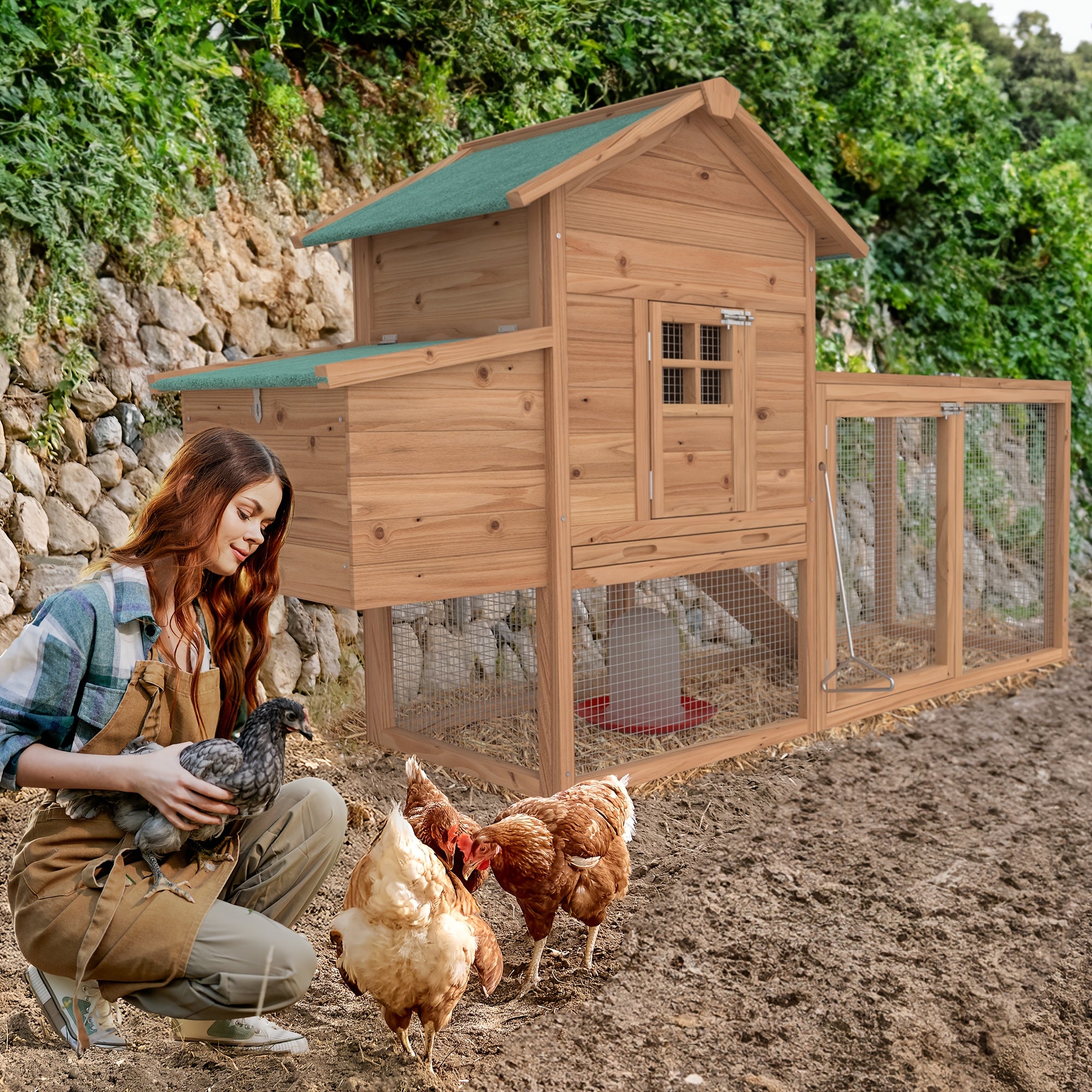 TEMU 80'' Wooden Chicken Coop Large Walk-in Outdoor With Nesting And Run, Enclosure Poultry Cage Rabbit Pet Hutch Waterproof Uv Panel Cover For 2-4