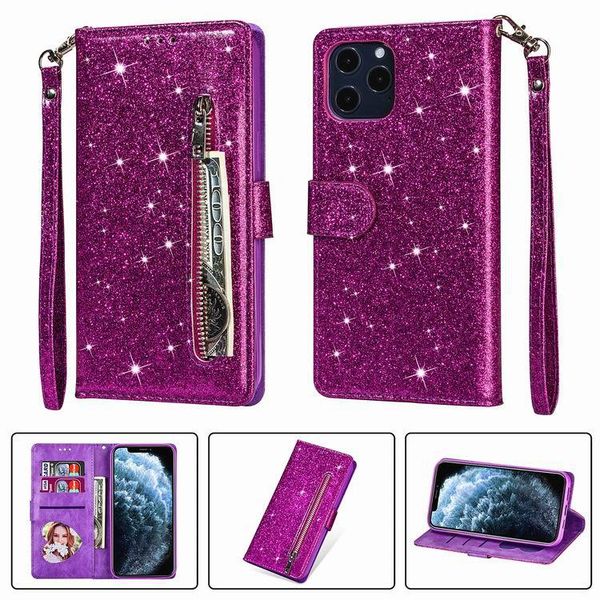 Glitter Zipper Mobile Phone Cases For IPhone13 14 pro max XR PLUS 12 11 PU Leather Plug-in Card Wallet CellPhone Protection Case Wrist Strap