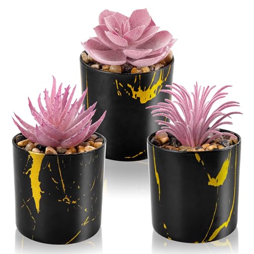 Der Rose 3 Pack Fake Plants Succulents Plants Artificial in Black Pots for Pink Room Decor Aesthetic Home Office Desk Accessories for Women